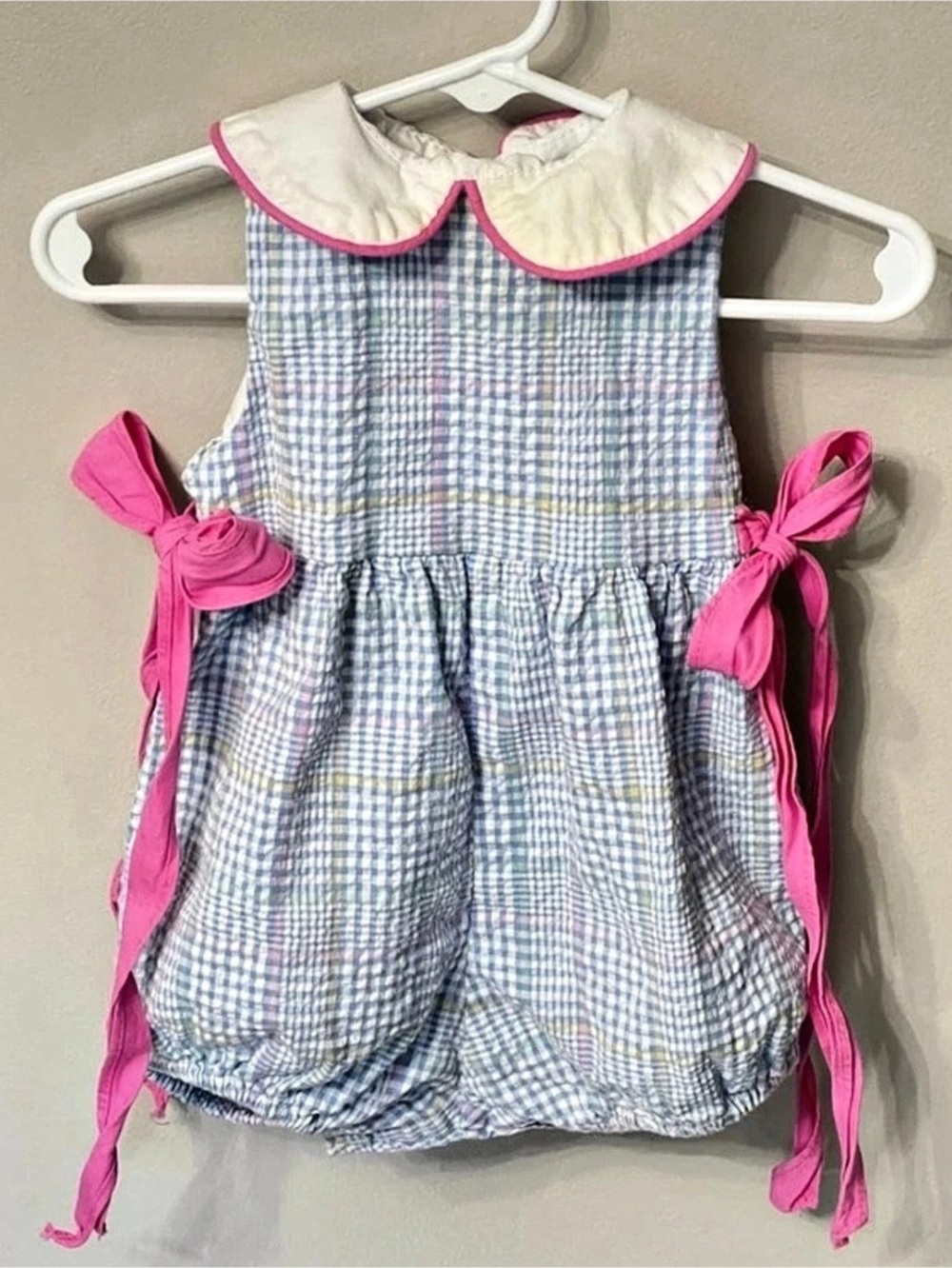 Funtasia Too Vintage Baby Pastel Plaid Seersucker Bubble Romper Side Bows 6M